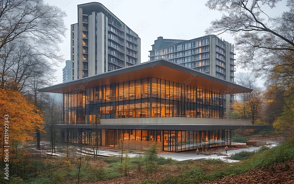 Obraz premium Modern building with glass facade and wooden roof, nestled in autumnal park.