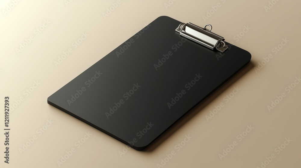 A 3D-rendered clipboard with a simple black surface and silver clip, against a solid beige background, illuminated softly to highlight its design A 3D-rendered clipboard with a simple black surface and silver clip, against a solid beige background, illuminated softly to highlight its design