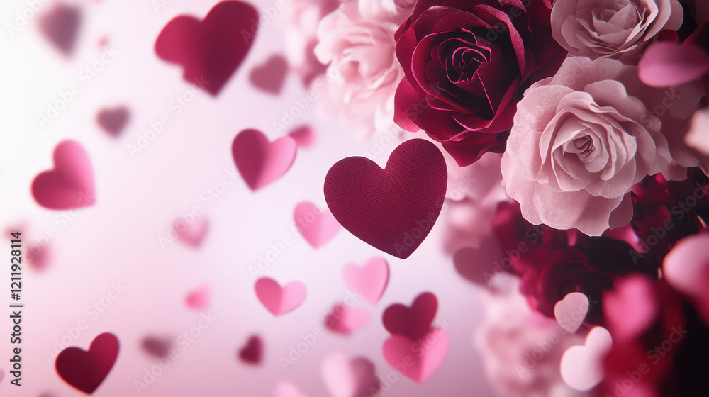 A dynamic background with small heart-shaped confetti bursting outward from the center in shades of pink, red, and gold. A dynamic background with small heart-shaped confetti bursting outward from the center in shades of pink, red, and gold.