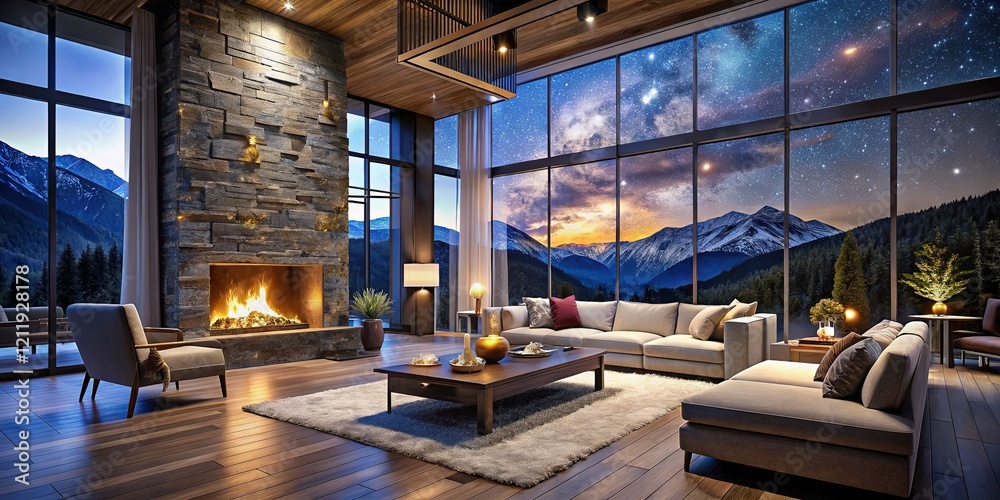 Fototapeta premium Modern Mountain Luxury Living Room Night Photography - Cozy Fireplace & Starry Views