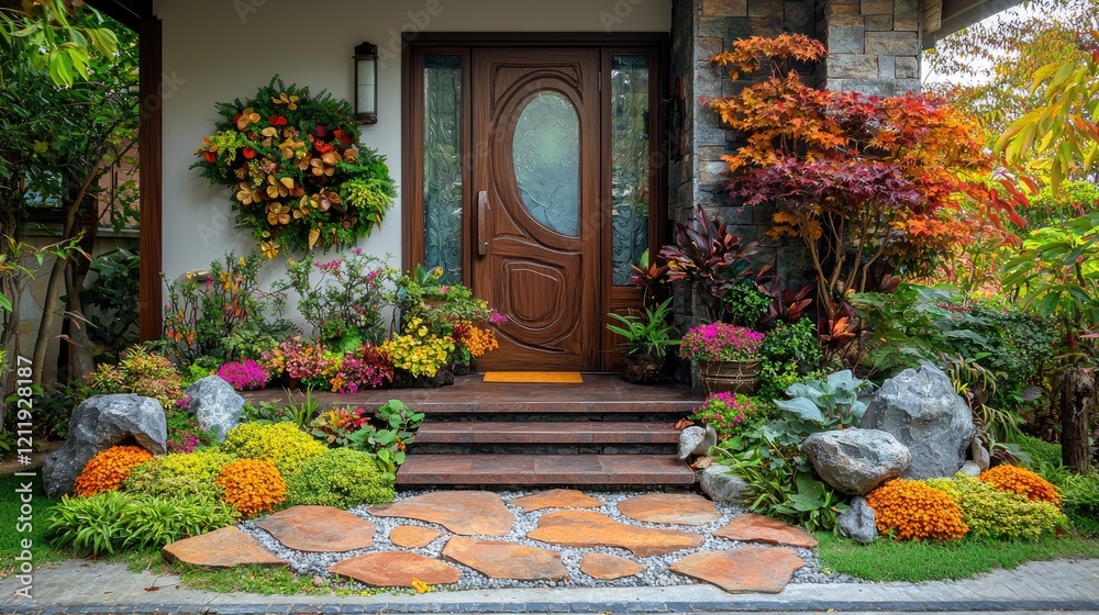 Fototapeta premium Autumnal home entrance, vibrant plants, stone path