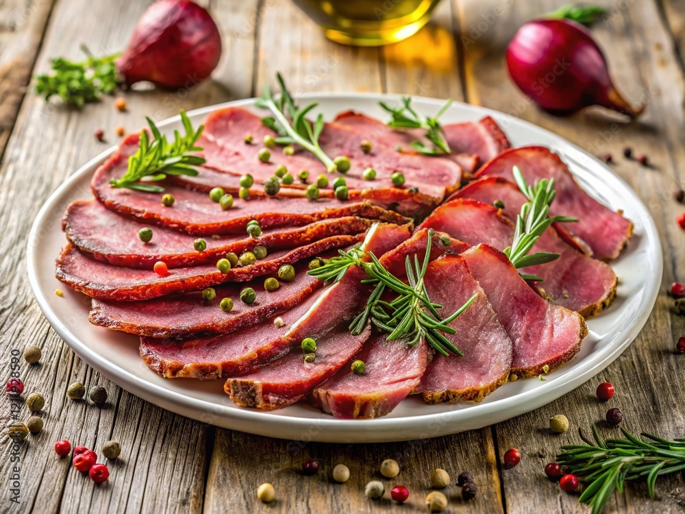 Overhead Shot of Pastrami & Dried Beef Slices with Herbs on Plate - Gourmet Delicatessen Meat Overhead Shot of Pastrami & Dried Beef Slices with Herbs on Plate - Gourmet Delicatessen Meat