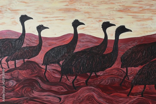 A group of emus striding purposefully across a red desert landscape, their long necks held high. photo