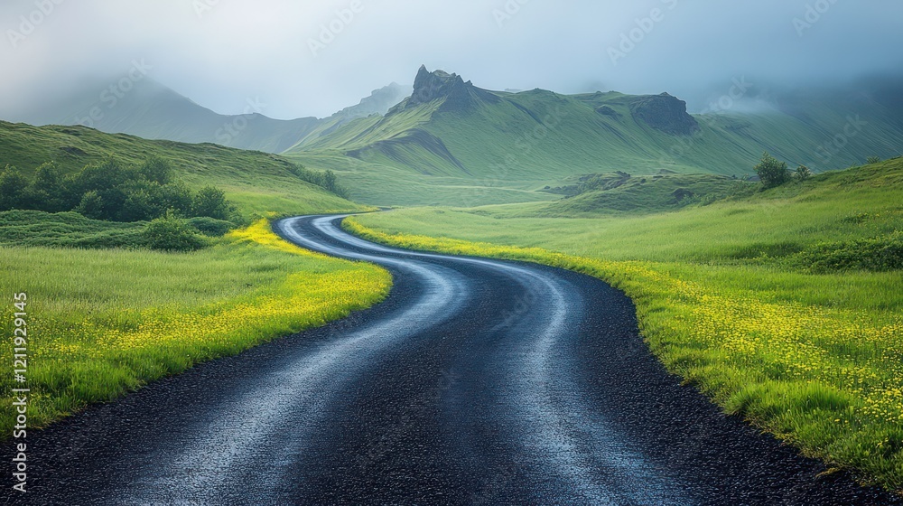 Naklejka premium Icelandic Scenic Road: A Journey Through Verdant Hills