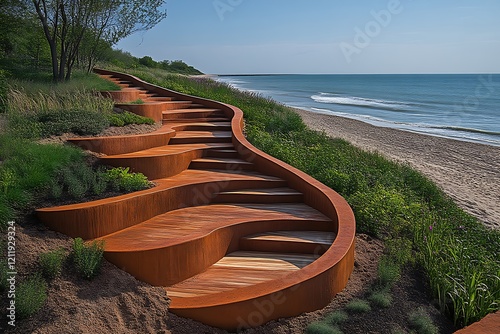 Coastal boardwalk stairs curving down to sandy beach. photo