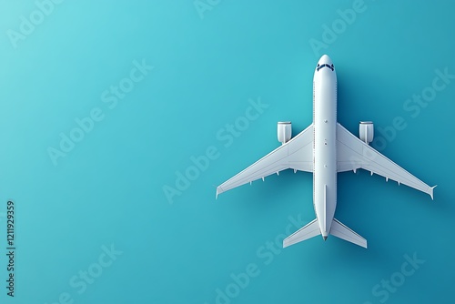 Commercial Airplane flying in clouds with blue background.
