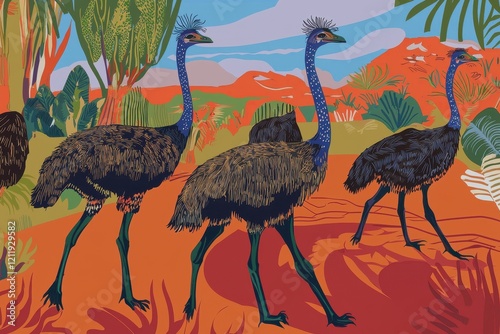 A group of emus striding purposefully across a red desert landscape, their long necks held high. photo