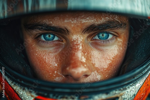 A person's face and helmet are shown in this close-up image photo