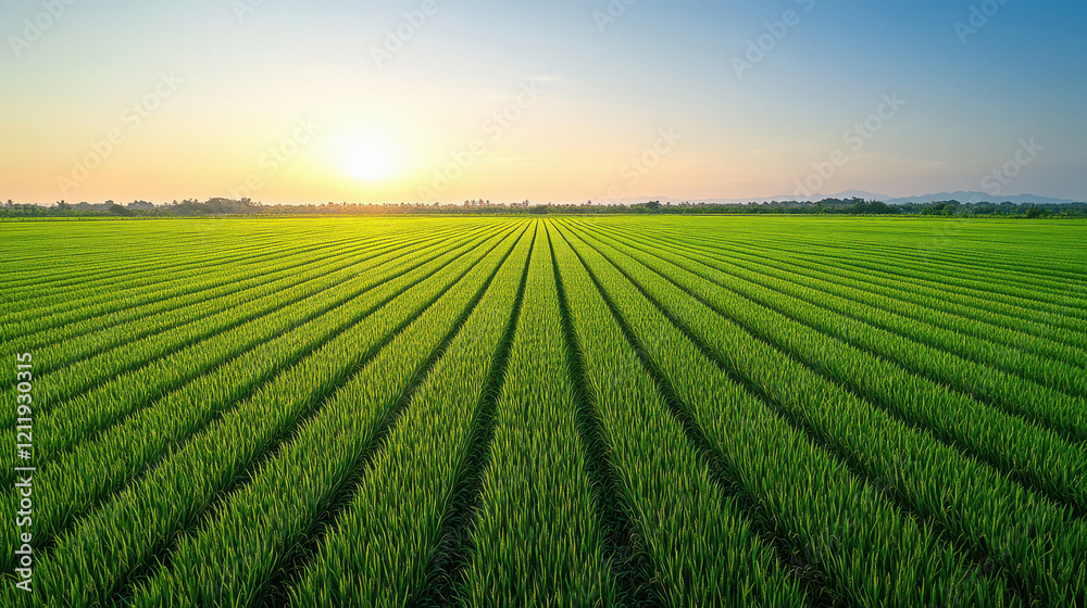 rice paddy field stretches out towards the horizon, with rows of vibrant green rice plants neatly arranged in a grid pattern. rice paddy field stretches out towards the horizon, with rows of vibrant green rice plants neatly arranged in a grid pattern.