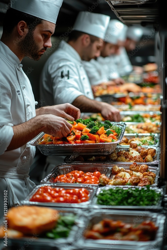 Obraz premium Group of chefs working together in a modern kitchen, preparing a variety of dishes for serving