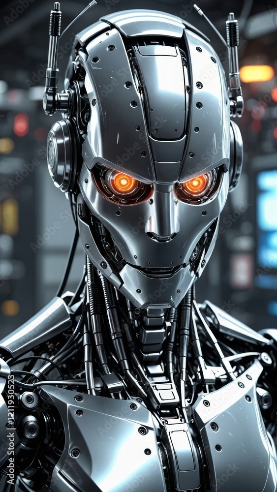 Fototapeta premium Futuristic robot with glowing orange eyes in a high-tech industrial environment