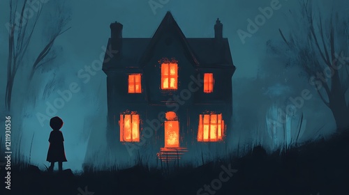 Girl stares at haunted house in dark forest at night; Halloween illustration photo