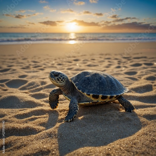  Baby Turtle Crawling Toward the Ocean After Hatchin photo