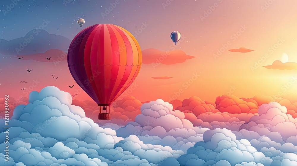 Obraz premium Romance takes flight in this colorful flat design hot air balloon adventure illustration