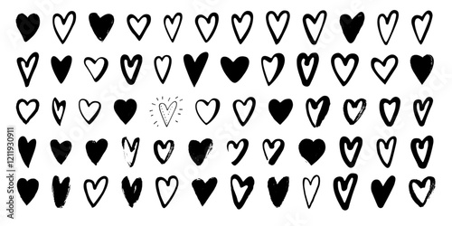 Set of vector hand-drawn sketch hearts. Grungy black brush stroke doodle scribble heart shapes. Love background. Valentine's day hand painted romance symbol icon collection