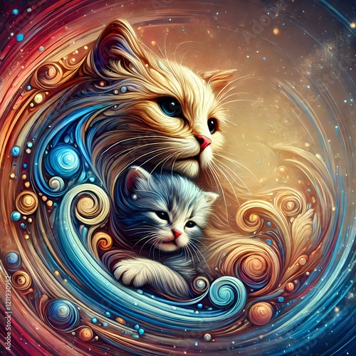 Illustration. A big and a small cats are inside of a magic round with round shapes and swirls. 