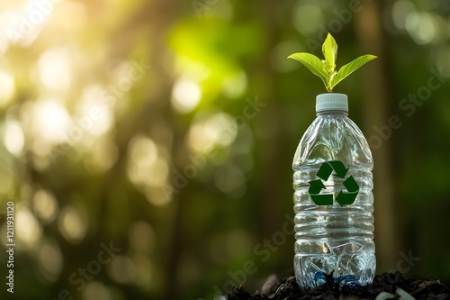 A plant planted in a plastic pot. Concept of recycling waste and use of environmentally friendly materials.world recycle day. photo