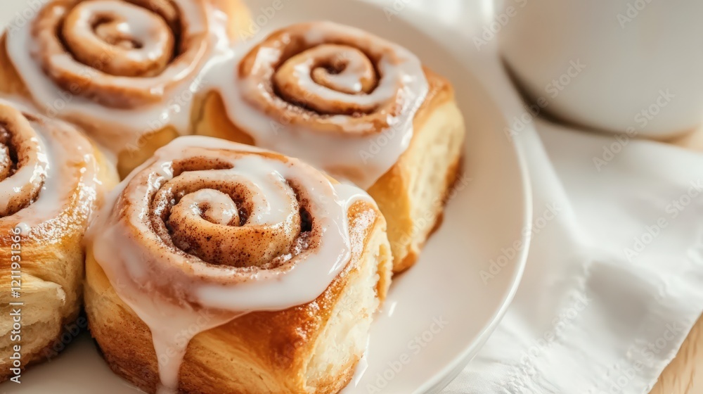Warm cinnabon rolls dripping with creamy white glaze, nestled on pristine plate, displaying golden-brown pastry with tempting swirls of cinnamon and sugary richness Warm cinnabon rolls dripping with creamy white glaze, nestled on pristine plate, displaying golden-brown pastry with tempting swirls of cinnamon and sugary richness