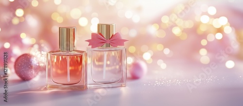 Two elegant perfume bottles with pink and peach-toned liquids, adorned with delicate pink bows, against a bokeh background