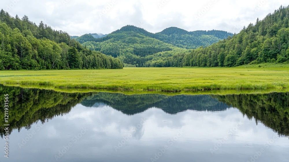 Serene mountain lake reflection, lush green meadow, overcast sky; ideal for travel brochures Serene mountain lake reflection, lush green meadow, overcast sky; ideal for travel brochures