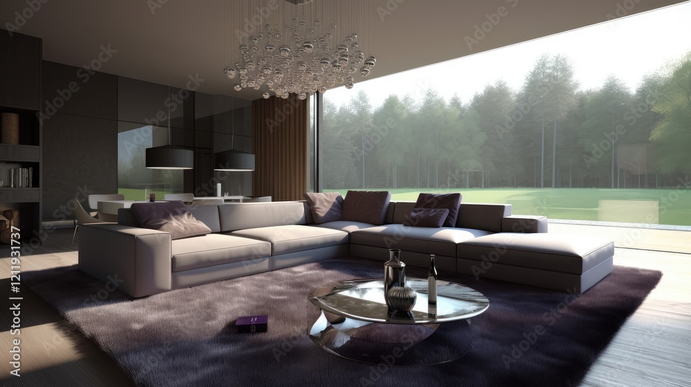 Fototapeta premium Modern Living Room Design: A spacious, contemporary living room features a large sectional sofa, plush rug, and a stunning view of a tranquil forest landscape through expansive windows.