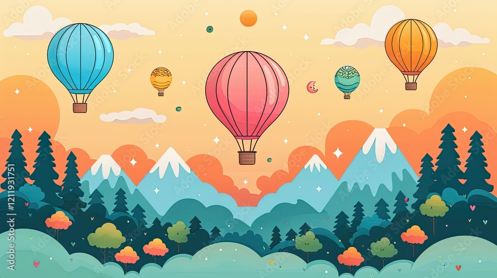 Romance takes flight in this colorful flat design hot air balloon adventure illustration