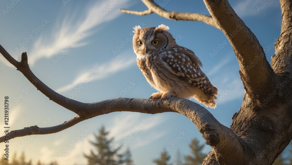 Obraz premium Serene Owl on Branch: A Peaceful Sunset Portrait