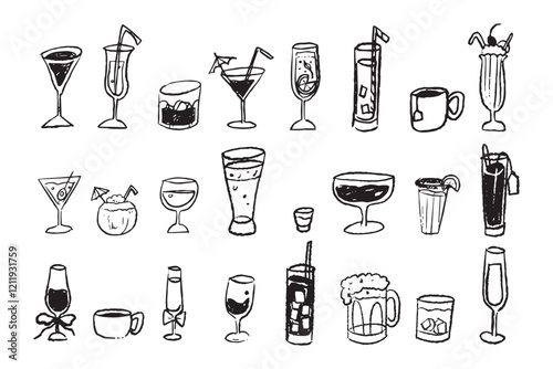 Crayon, pencil texture silhouette line of drinks. Doodle cartoon sketch style. Alcohol, wine, coffee, tea, milkshake and more with childish drawing