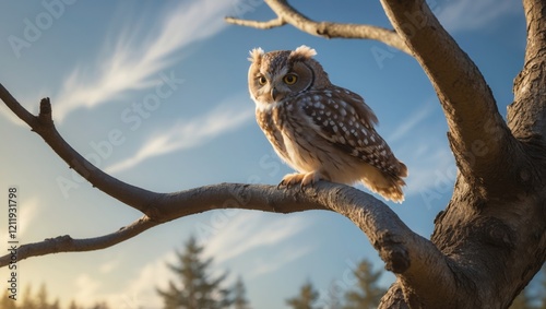 Serene Owl on Branch: A Peaceful Sunset Portrait photo