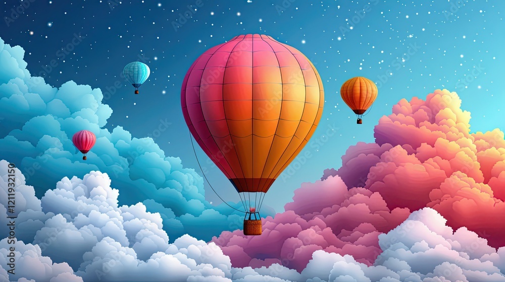 Obraz premium Romance takes flight in this colorful flat design hot air balloon adventure illustration