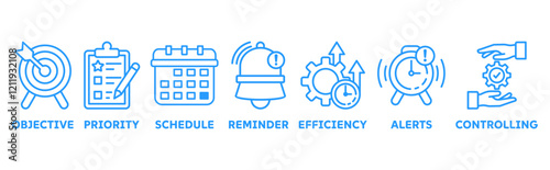 Time Management icon set illustration concept with icon of objective, priority, schedule, reminder, efficiency, alert, controlling	
