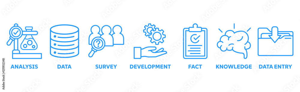 Research icon set illustration concept with icon of analysis, data, survey, development, fact, knowledge, data entry Research icon set illustration concept with icon of analysis, data, survey, development, fact, knowledge, data entry