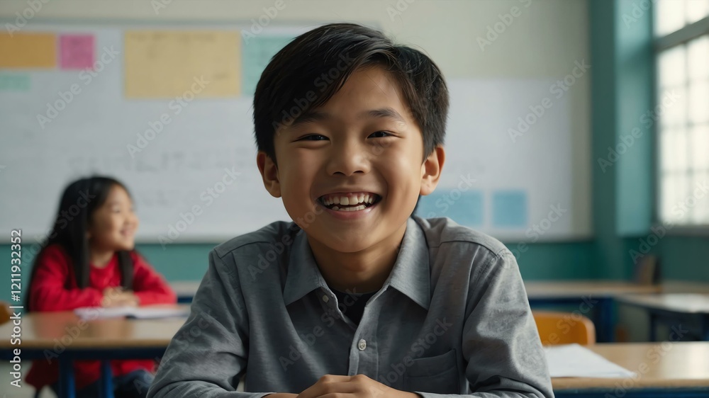 kid asian male in gray shirt on classroom model portrait giggling for ad concept space for text kid asian male in gray shirt on classroom model portrait giggling for ad concept space for text