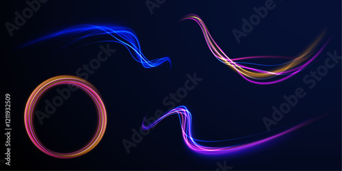 Abstract fire flare trace lens flares acceleration speed motion on night road. Acceleration speed motion on night road. Colorful Light Trails, Long Time Exposure Motion Blur Effect. 