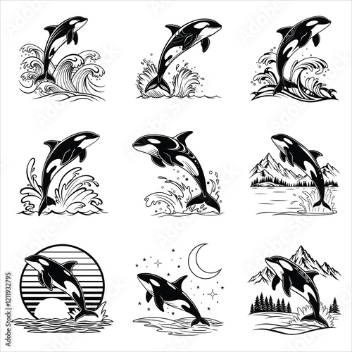 Set of Orca whale vector illustration, killer whale Clipart Design