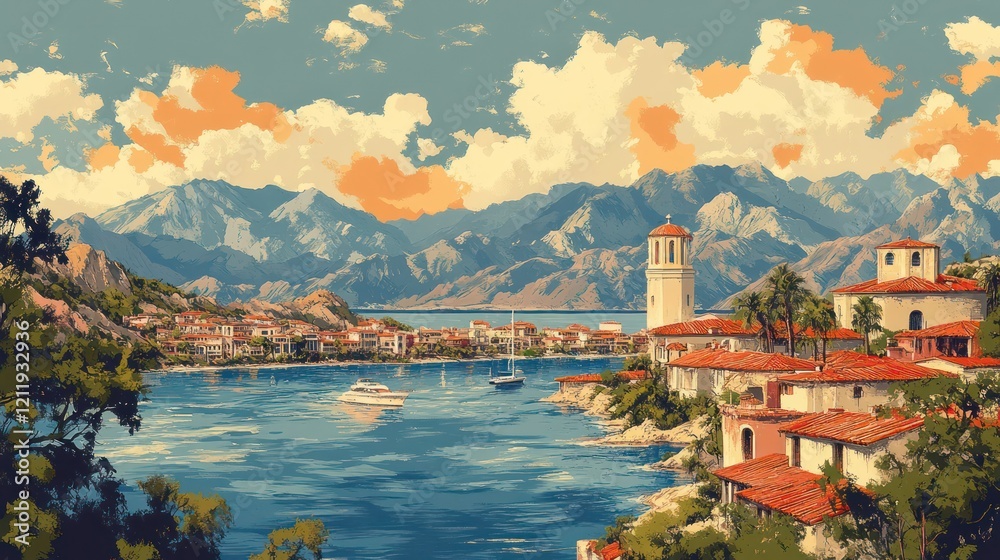 Fototapeta premium Mediterranean Coastal Town nestled amongst Majestic Mountains