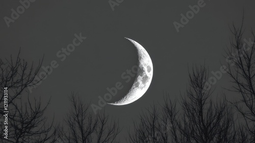 New Moon March Serene night view of crescent moon above silhouetted bare trees