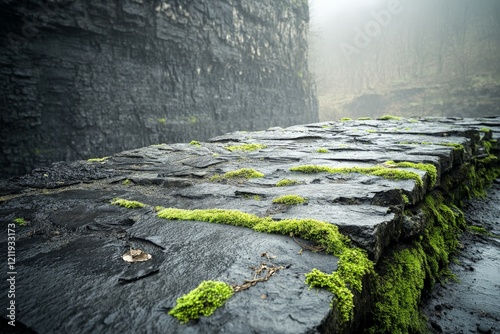 A misty scene featuring a moss-covered stone path fading into the fog, surrounded by steep rock faces and growing vegetation, creating a mysterious atmosphere. photo