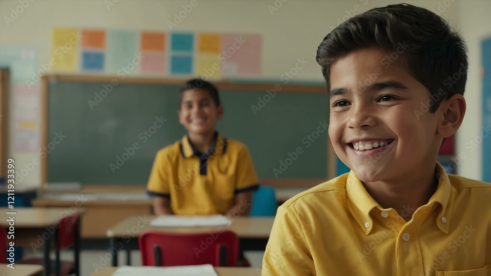 kid hispanic male in yellow shirt on classroom model portrait giggling for ad concept space for text kid hispanic male in yellow shirt on classroom model portrait giggling for ad concept space for text