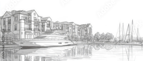 Architectural line drawing of a luxury waterfront development showing detailed residential buildings, motor yachts and sailboats with water reflections. Generative AI