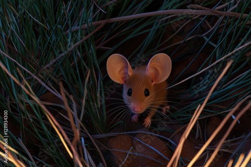 A hopping mouse darting through spinifex grass in the arid Red Centre, its large ears twitching alertly. photo