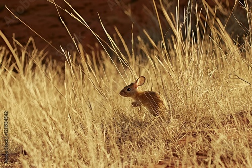 A hopping mouse darting through spinifex grass in the arid Red Centre, its large ears twitching alertly. photo