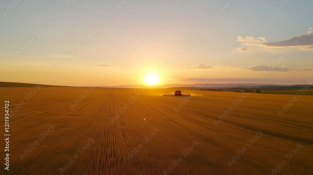 Obraz premium Aerial drone view of golden wheat field with combine harvester working at sunset