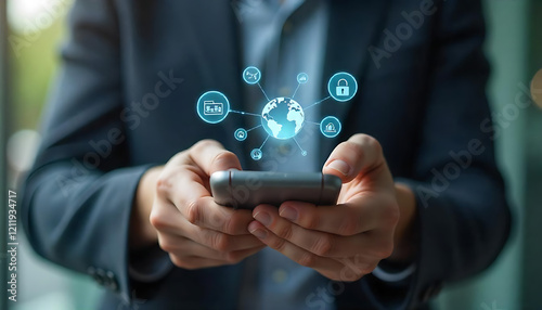 Wallpaper Mural Digital Finance and Security Hands Holding Smartphone with Floating Transaction and Global Icons, created with generative ai Torontodigital.ca