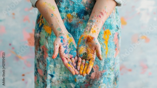 Vibrant paintstained hands showcase the messy creative process of an artist at work photo