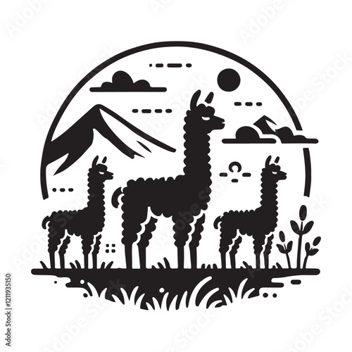 Silhouettes of Llamas in a Mountainous Landscape