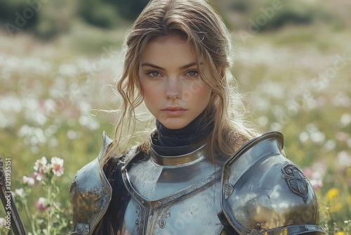 A determined woman clad in shining armor stands resolute in a vast field of blooming wildflowers, embodying strength, beauty, and resolve on a sunny day. photo