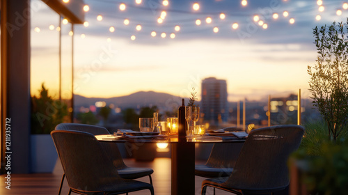 Evening rooftop dining with string lights and city view at sunset photo
