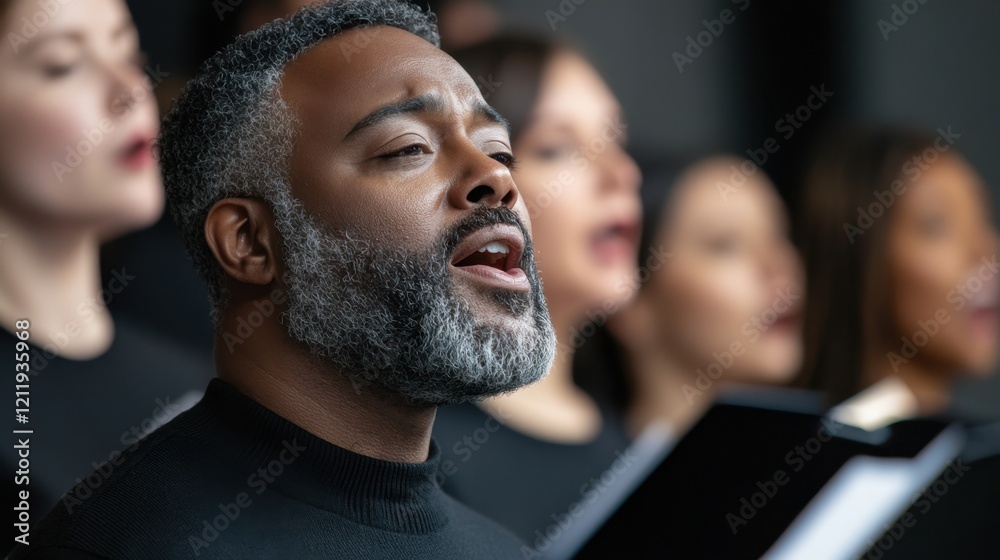 Opera Day African male vocalist singing with diverse choir group Opera Day African male vocalist singing with diverse choir group