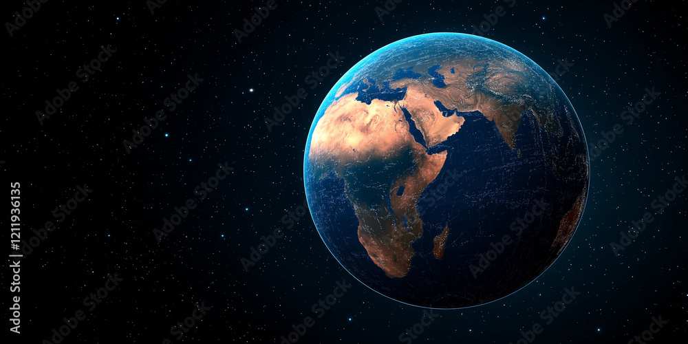 Naklejka premium stunning view of Earth from space, showcasing continents and oceans, with starry background. image captures beauty of our planet in cosmic setting